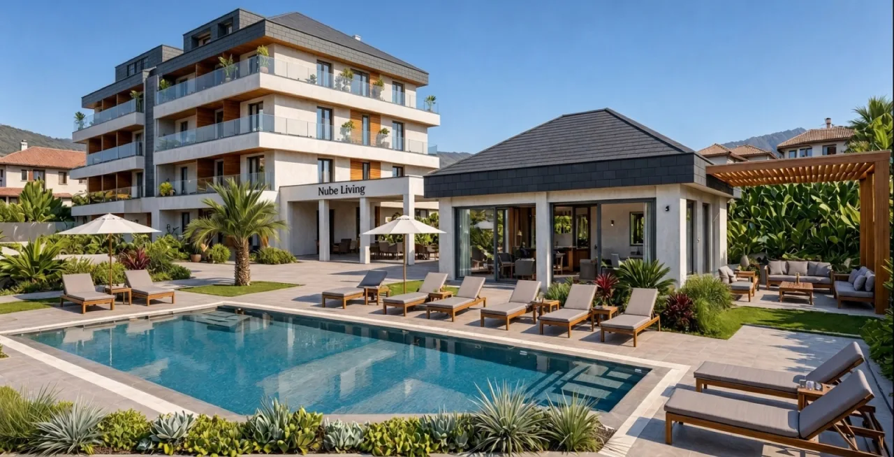 Vista exterior del complejo Nube Living con la piscina